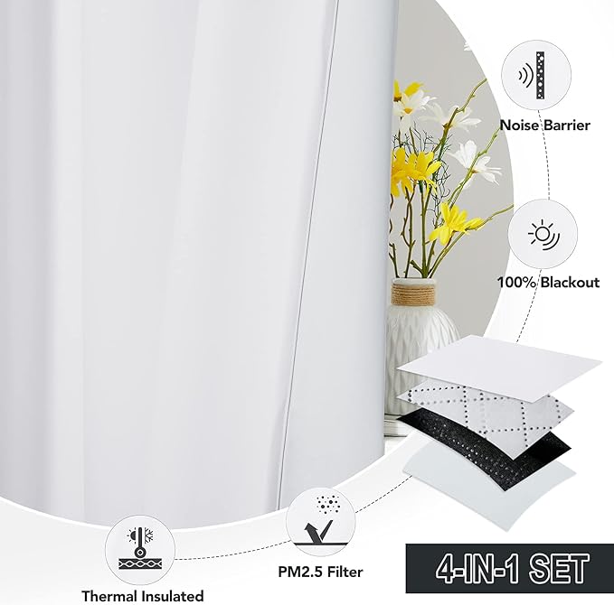 RYB HOME Soundproof Curtains for Bedroom, PM2.5 Particle Filter 100% Blackout Energy Saving Small Window Curtains for Baby Nursery Living Room Home Office, Pure White, W 42 x L 63 inches, 2 Pcs