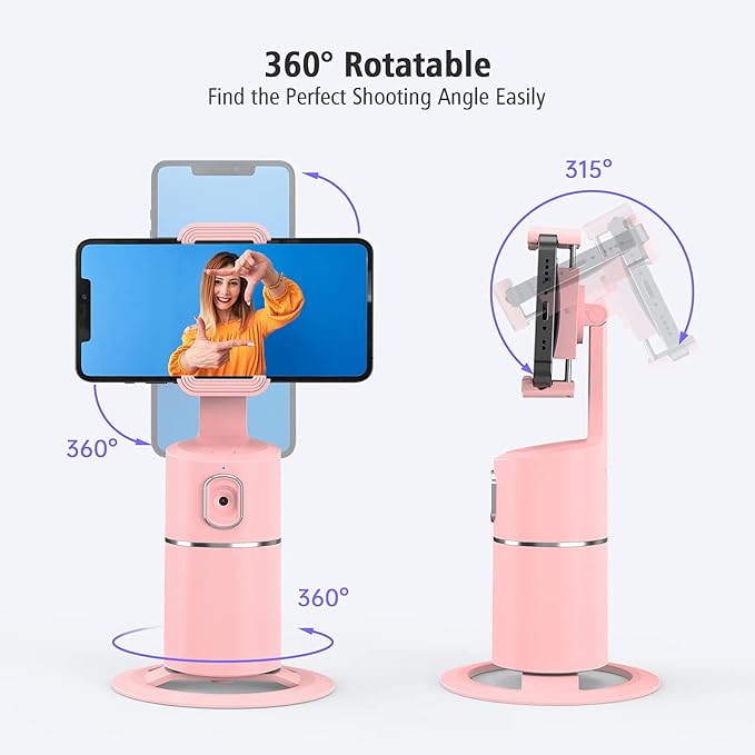 camrola Auto Face Tracking Phone Holder, No App Required, 360° Rotation Face Body Phone Tracking Tripod Smart Shooting Camera Mount for Live Vlog Streaming Video, Rechargeable Battery-Pink