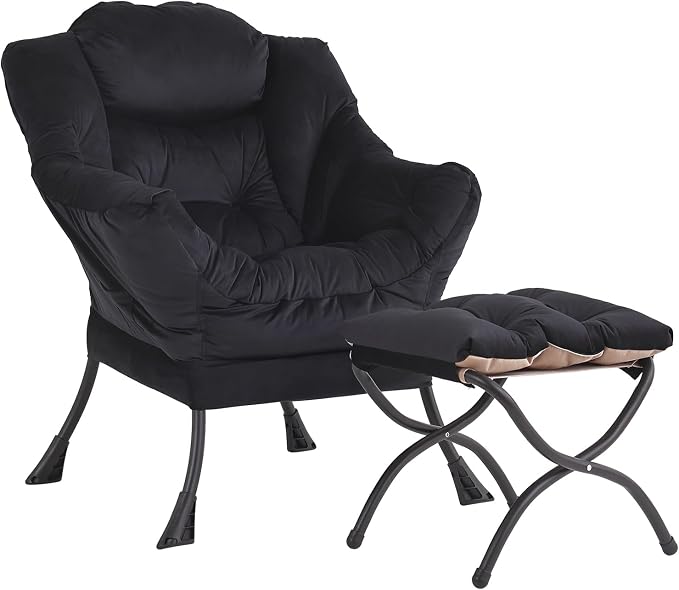 Lazy Chair with Ottoman, Comfy Accent Reading Chair, Velvet Black | Foldable by LITA