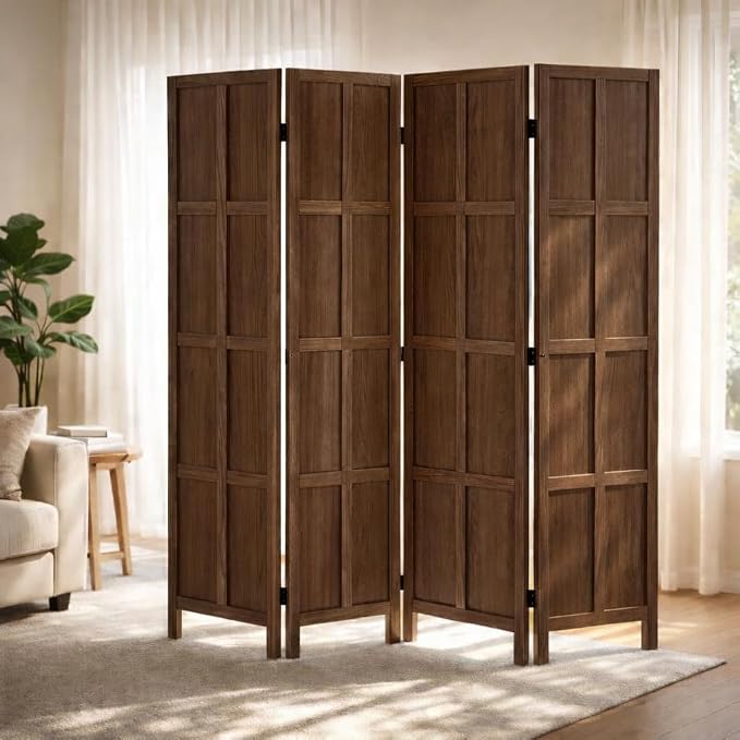 4 Panel Solid Wood Room Divider Folding Privacy Screen Brown | Freestanding by ALeesing