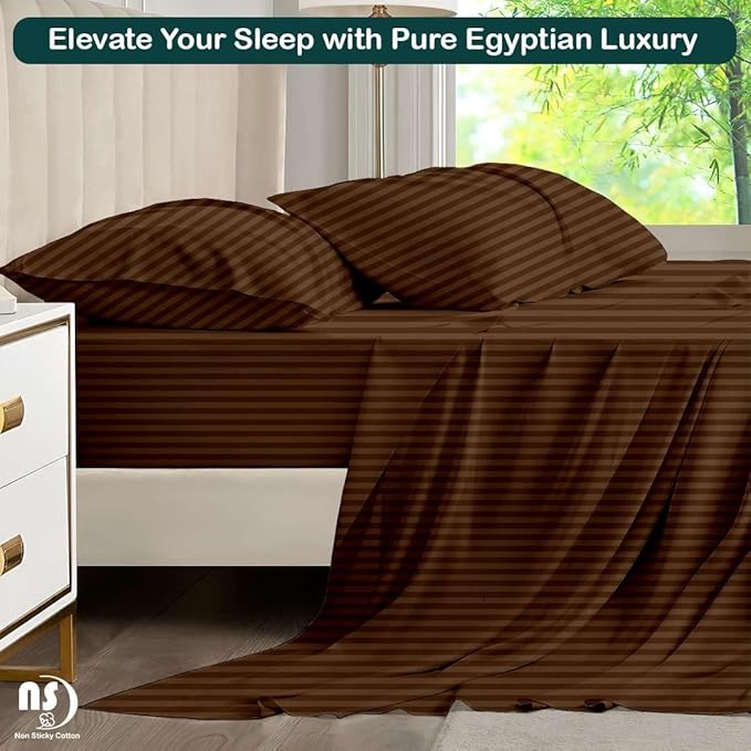 NON Sticky cotton Queen Size Sleeper Sofa Sheets, 4 Piece Egyptian Cotton Bed Sheet Set for Sofa Bed, 6" Deep Pocket Fitted Sheet for Pull Out Couch Mattress, 60" x 75", Chocolate Stripe