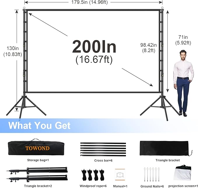 Outdoor Projector Screen with Stand, TOWOND 200 Inch Portable Projection Screen - Dual-Sided 16:9 4K HD Movie Screen, Wrinkle-Free Design & Carry Bag for Backyard Cinema