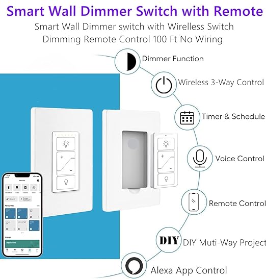 Nexete Smart Wall Dimmer Switch,Single Pole Dimmer with a Wireless Remote,No Wiring DIY Wireless 3-Way Dimmer,Dimming Remote & Voice Control,Bluetooth Work with Amazon Alexa Only