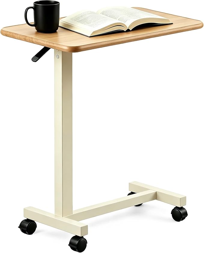Adjustable Overbed Table with Wheels, Pneumatic Height Lift Rolling Bedside by Unknown