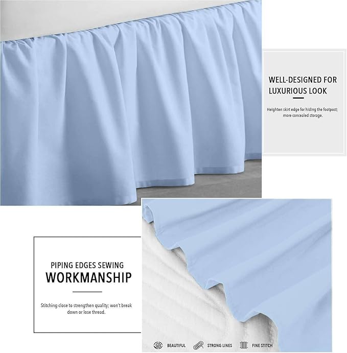 Light Blue Solid Ruffled Bed Skirt Full-XL-24 Inch Drop Split Corner, Microfiber Bedskirt with Platform Three Sided Coverage