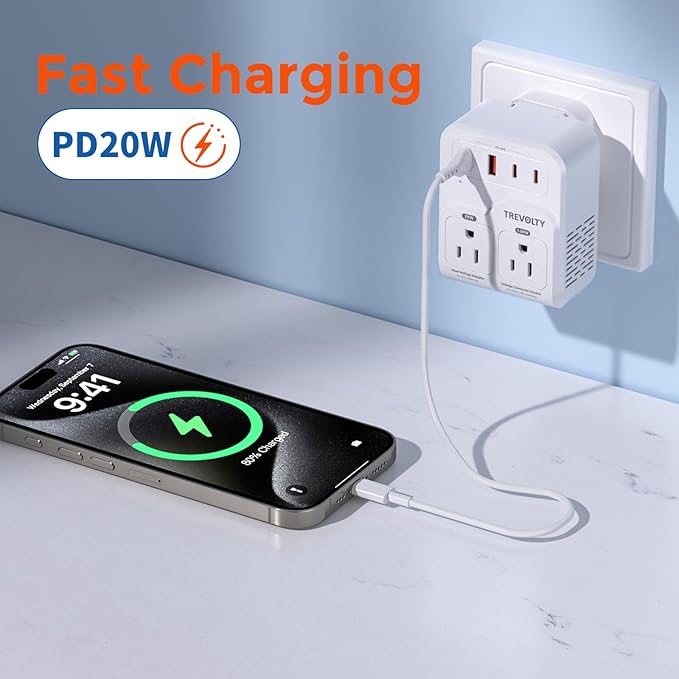 TREVOLTY 2000W Voltage Converter US to Europe for Hair Dryers, 7-in-1 220V to 110V Converter for European Travel with 3 AC/2 USBA/2 USBC Ports (PD20W), Universal Travel Adapter (White)