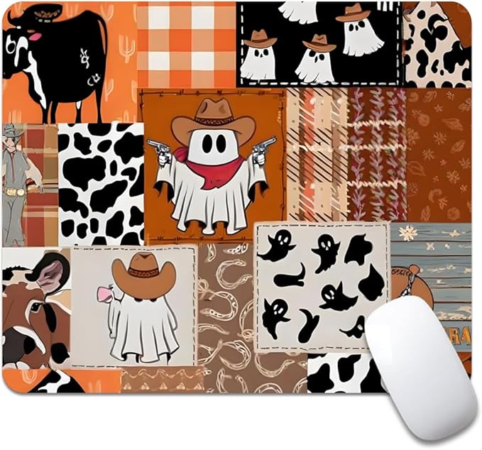 Ghost Cowboy Patchwork Halloween Square Mouse pad, Texture, Waterproof, Anti Slip Rubber Base, Computer Mouse pad, Laptop Mouse pad