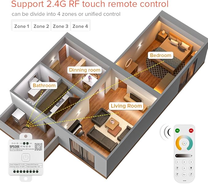 BTF-LIGHTING SP530E WiFi Alexa Bluetooth Controller 4 Zones 2.4GHz RF RB2 Remote Kit Support FCOB COB SMD PWM or SPI CCT Dual White Tunable Color Temperature LED Strip WS2811 IC etc DC5V DC12V DC24V
