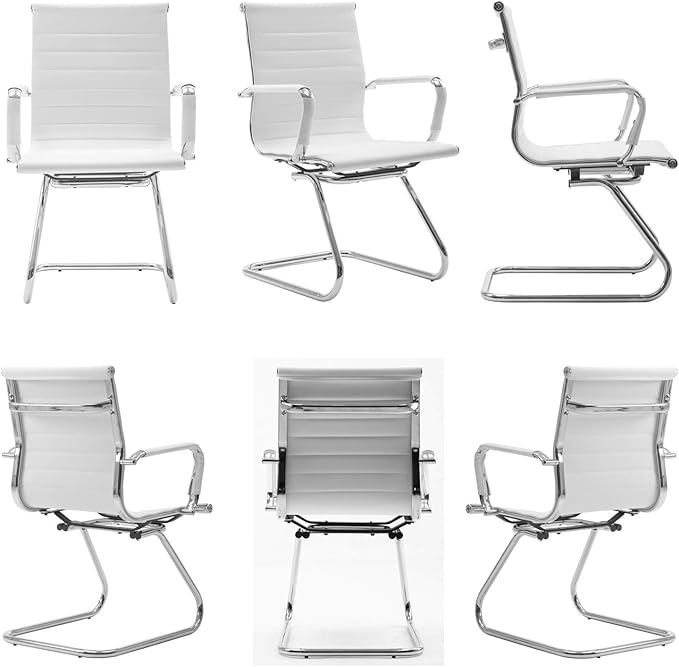 Wahson Office Guest Chairs Set of 6, Leather Reception Chairs, Mid Back Waiting Room Chair, Conference Chairs with Sled Base, Desk Chair No Wheels for Meeting/Lobby/Restroom, White