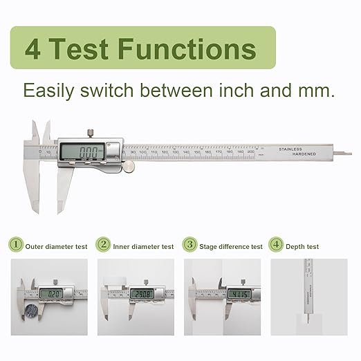 SCITOOLS All-Metal Digital Caliper 0-8" Measuring Tool, Micrometer Caliper with Auto-Off Feature, Interchangeable Between inches and millimeters for DIY/Household and 3D Printing