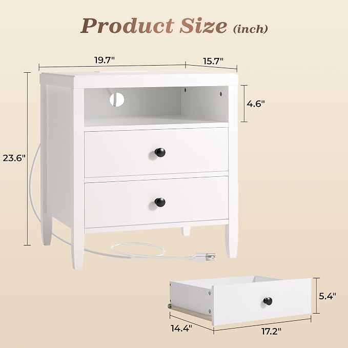 Huuger Nightstand with Charging Station, Bedside Table with Storage, Modern - Image 2