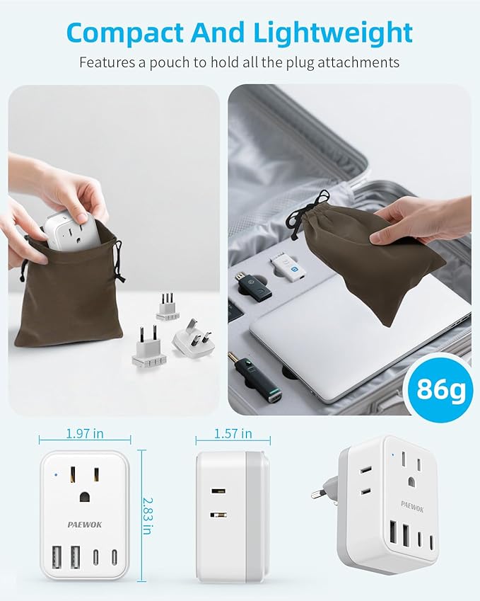 PAEWOK European Travel Plug Adapter Set, 8-in-1 Travel Adapter with 4 AC, 4 USB Ports (2 USB C), US to EU/UK Universal Adapter, International Power Adapter with Type C/G/A/I/D/M Detachable Plugs