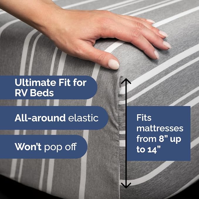 RV Short Queen Sheet Set 60 X 75 - 4 Piece RV Short Queen Bed Sheets - Soft, Breathable & Cooling - Designed for Bunks, Trailers & Campers - Fits 8” to 12" Mattress - Luxury Bedding - Grey Stripes 3