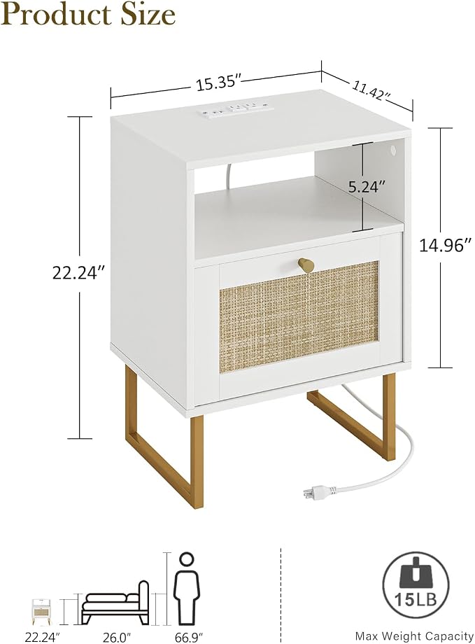 Masupu Rattan Nightstand with Charging Station, Modern Boho Farmhouse Wood - Image 2