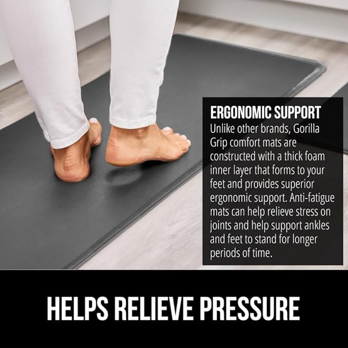 GORILLA GRIP 2 Pack Comfortable Cushioned Kitchen Mats for Floor, 17x29 + 17x59, Waterproof, Stain Resistant, 1/2 Inch Thick Soft Ergonomic Standing Desk Anti Fatigue Mat, Foam Supports Feet, Charcoal