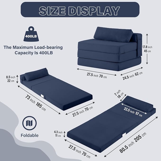 Folding Sofa Bed Chair, 4-Fold Convertible Sleeper Chair - Image 2