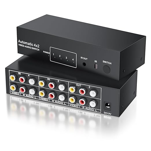 BolAAzuL RCA Switch Splitter 4 in 2 Out - Composite Video L/R Audio Selector Box 4X2, 4-Way RCA Switcher - 4 Port AV Splitter Selector Switch - for Wii PS2 Xbox DVD STB HDTV