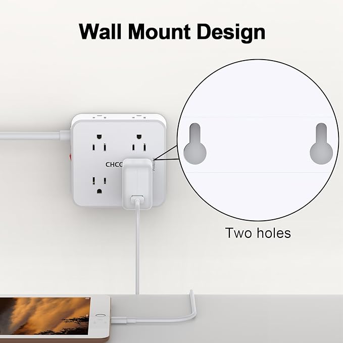 10Ft Surge Protector Power Strip - CHCORE Flat Plug Extension Cord with 8 Outlets and 4 USB Ports(2 USB C), 3 Side Wall Mount Outlet Extender for Home Dorm Room Essentials, ETL Listed, White