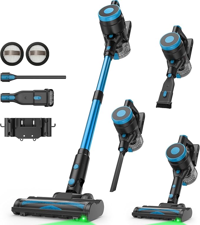 Zefiro 350W Cordless Vacuum Cleaner,45Mins Runtime Vacuum Cleaners for Home, Anti-Tangle and 1.5L Dust Cup, Lightweight Vacuum for Hardwood Floor Carpet Pet Hair (Blue)