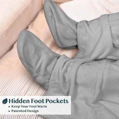 PAVILIA Fleece Blanket with Sleeves, Foot Pockets for Women Men Adults, Plush Wearable Blanket Throw Wrap, Warm Snuggle Blanket Robe, Cozy Gift Ideas Wife Mom, Light Gray