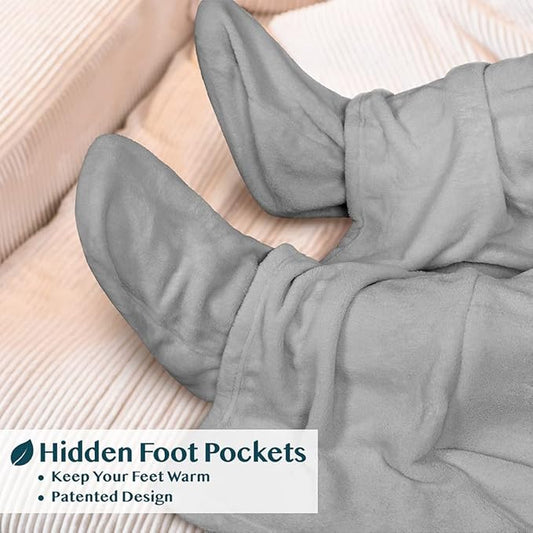 PAVILIA Fleece Blanket with Sleeves, Foot Pockets for Women Men Adults, Plush Wearable Blanket Throw Wrap, Warm Snuggle Blanket Robe, Cozy Gift Ideas Wife Mom, Light Gray