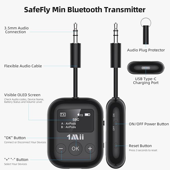 1Mii Airplane Bluetooth 5.3 Transmitter for All Headphones - Bluetooth Adapter for TV - Dual Connection - aptX Low Latency - Flying Travel, Wireless Audio Aux for MP3, Game,PC-Black