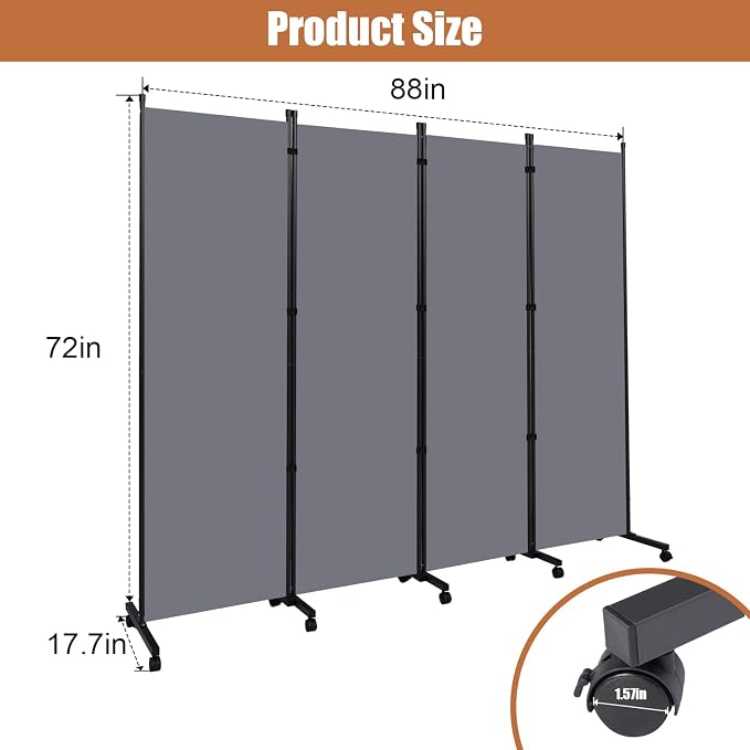 Room Divider 88'' Wide Folding Privacy Screens, 4 Panel Wall Divider w/Wheel | - Image 5