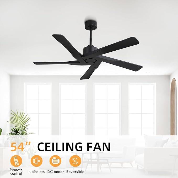 WINGBO 54" ABS DC Ceiling Fan No Light, 5 Blade ABS Plastic Ceiling Fan with Remote, 6-Speed Reversible DC Motor, Ceiling Fans without Light for Kitchen Bedroom Living Room, Matte Black