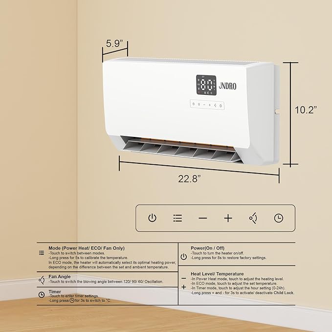 24-Inch Wall Mounted Electric Heater - 1500W Indoor Space Heater with LED Display, 3 Heat Settings, Oscillating Fan, Electric Heater for Bedroom Office Bathroom