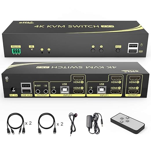 eKL HDMI KVM Switch 2 in 2 Out Dual Monitor Extended Display 4K@60Hz 4:4:4 with Audio and USB 2.0 Hub Sharing PC Monitor Keyboard Mouse Switcher