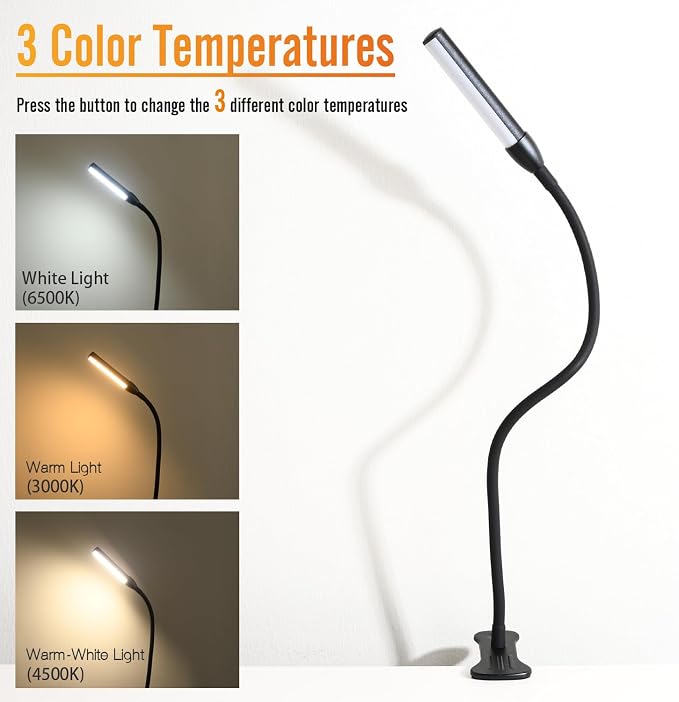 Clip on Reading Lamp, Clip Light, Warm & Daylight & White Light 3 Colors - Image 2