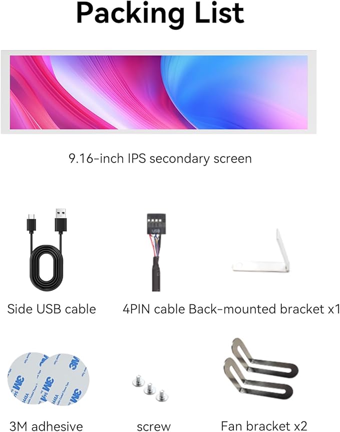 9.16" Computer Temp Monitor, FHD 1920x462 PC Sensor Panel One-Cable Connection(No HDMI Needed), Stretched Bar LCD Dynamic Theme Supported, IPS Mini Secondary Screen for CPU RAM HDD Data Aida64 (White)