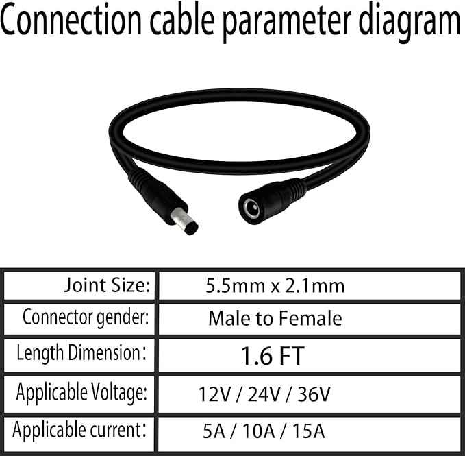 5.5mm x 2.1mm 1.6FT DC Power Extension Cable Male to Female 12V/24V 14AWG DC Connection Cable for CCTV Surveillance Camera Amplifiers LED Strip Lights Solar Panels Energy Storage Power Supply 2 pcs