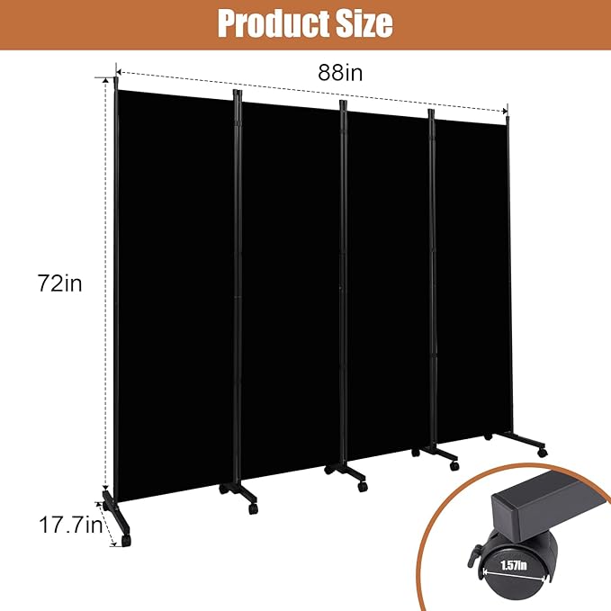 Room Divider 88'' Wide Folding Privacy Screens, 4 Panel Wall Divider w/Wheel | - Image 6