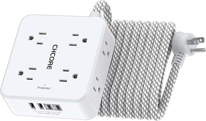 Surge Protector Power Strip - CHCORE 15Ft Braided Extension Cord with 8 Outlets with 4 USB (2 USB C) Charging Ports, Flat Plug Multi Plug Outlet Extender Charging Station for Home Office, ETL, White