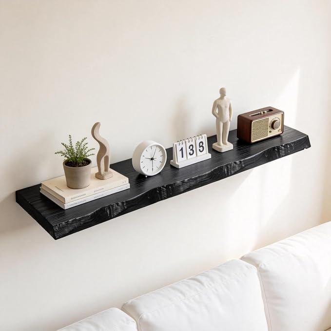Black Live Edge Floating Shelf, 72-Inch Solid Elm Wood | Easy Installation by Unknown