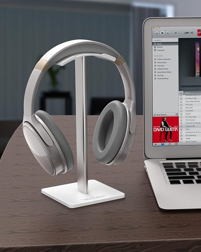 New bee Headphone Stand Headset Holder Earphone Stand with Aluminum Supporting Bar Flexible Headrest ABS Solid Base for All Headphones Size (White)