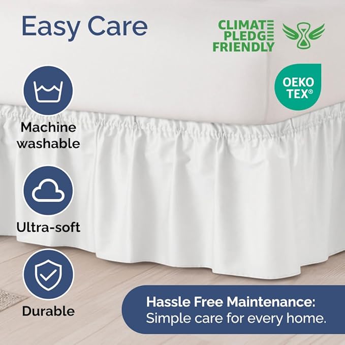 Wrap Around Dust Ruffle Bed Skirt - White - for Full Size Beds with 21 Inch Drop - Easy Fit Elastic Strap - Adjustable Pleated Bedskirt w/Brushed Fabric - Wrinkle Free - for Women, Men, Kids & Teens