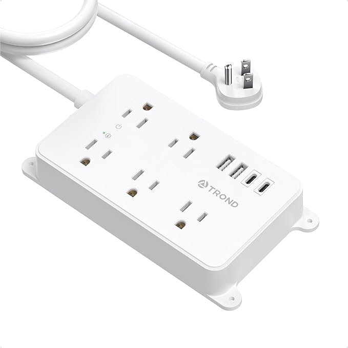 TROND Power Strip with USB, 10ft Extension Cord Surge Protector, 5 Widely Spaced Outlets with 4 USB Ports, ETL Listed, 1300J, Low-Profile Flat Plug, Wall Mountable, White