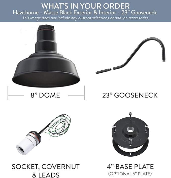 Steel Lighting Co. Hawthorne Barn Light | Outdoor Wall Mounted | 8 inch Dome | 23 inch Gooseneck| Small Farmhouse Light Made in America | Matte Black Exterior/Matte Black Interior