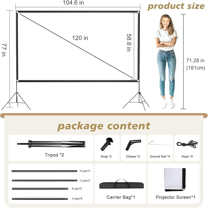 Portable Indoor Outdoor Projector Screen with Stand 120 inch Movie Screen 16:9 Format 4K HD Wrinkle-Free Foldable Design & Easy to Setup for Indoor Home Movie Theater Projector with Carry Bag