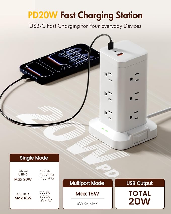 Power Strip Tower with Surge Protector 1800J, Fast Charging Tower PD20W USB-C - Image 4