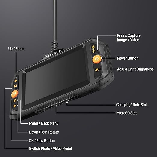 Teslong Endoscope Borescope with Light, Snake Inspection Camera for Automotive Engine, Waterproof Fiber Optic Camera for Mechanics - Ideal for Wall, Vent, Wire Video Scope (16.5FT)