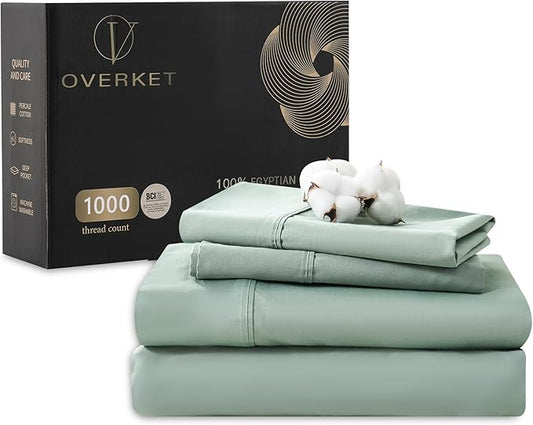 100% Egyptian Cotton Sheets Cal King Sheet Set 1000 Thread Count Sateen Weave Soft Breathable 16-Inch Deep Pocket 4PCS（California King,Sage Green）