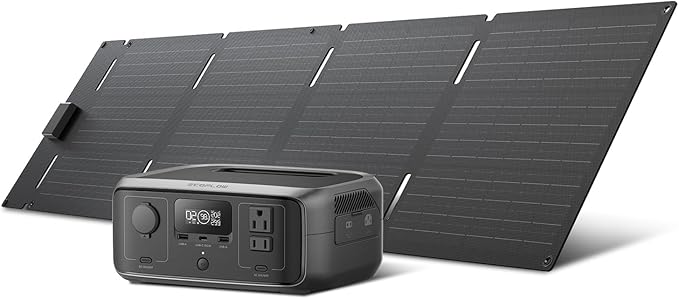 EF ECOFLOW Solar Generator RIVER 3 with 60W Solar Panel, 245Wh Portable Power Station LFP Battery, 300W Up to 600W AC Output, <20 MS UPS, 1Hr Fast Charging Power Station for Outdoor/RVs