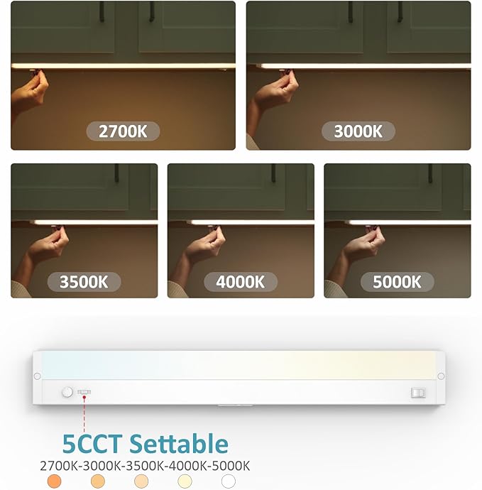 Leetdud Under Cabinet Lighting Plug in or Hardwired Built-in Dimmer, 12 Inch 6W, 5CCT 2700/3000/3500/4000/5000K, Linkable Counter Lights for Kitchen, ETL Dimmable LED Light Fixture, White
