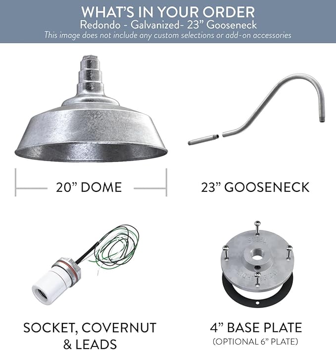 Steel Lighting Co. Large Outdoor Barn Light | Gooseneck Light Fixture | Made in America from 18-Gauge Steel | 20" Dome | 23" Gooseneck Galvanized Exterior/Galvanized Interior