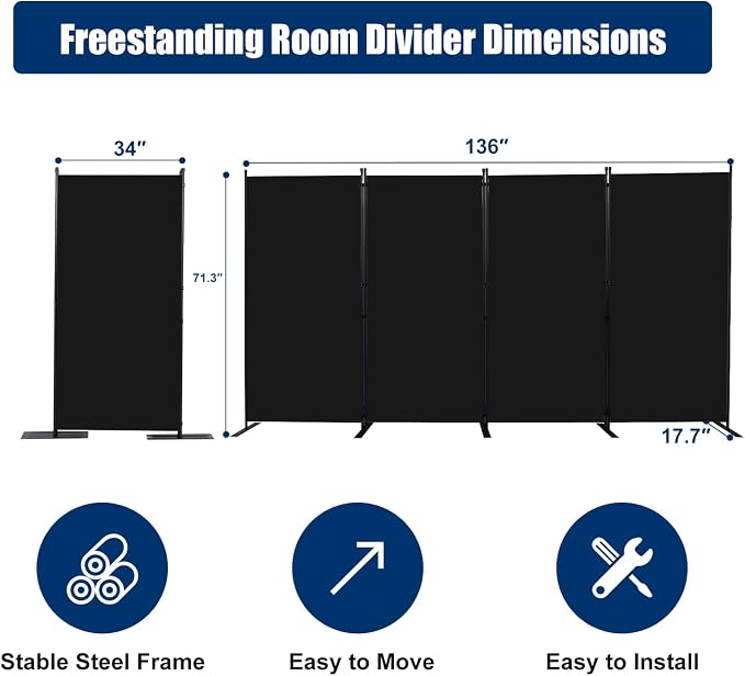 Room Divider 4 Panel-136''Wide, 6FT Room Dividers and Folding Privacy Screen | - Image 6