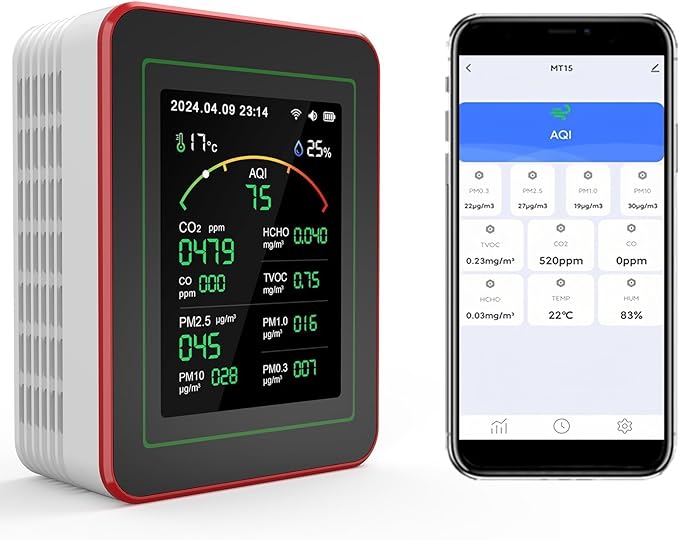 Professional 15-in-1 Air Quality Monitor with Smartphone APP - Dual Chip - Sensors Detect CO2, PM2.5/PM10, HCHO, TVOC | Real-Time Alerts & Custom Thresholds | for Home, Car, Office, Plants, Pets
