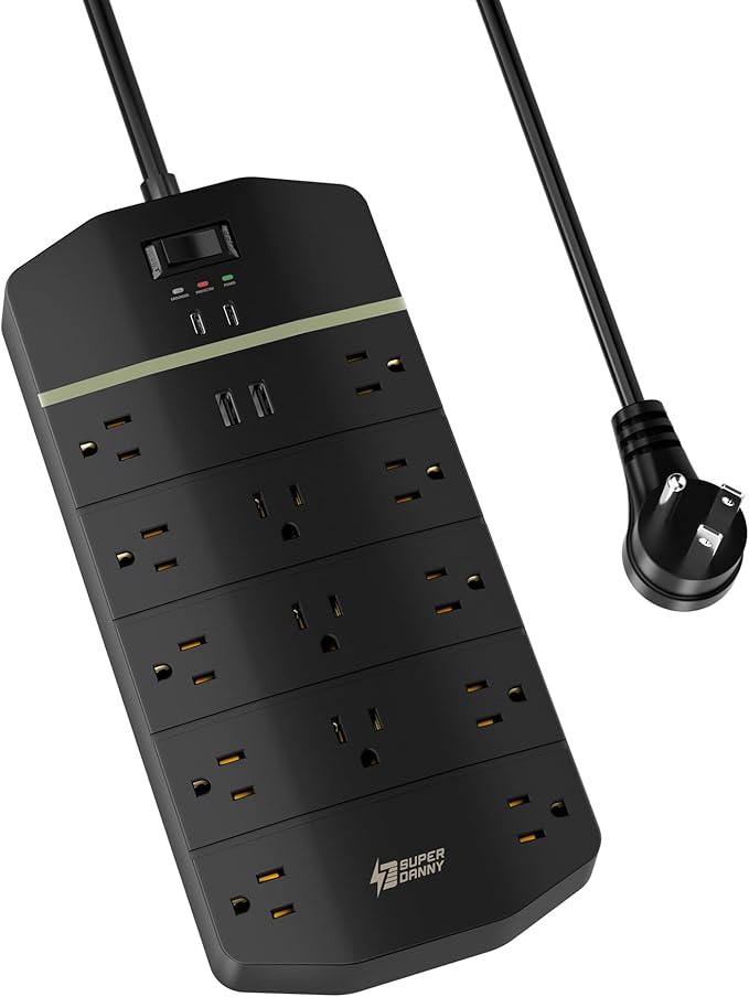 Power Strip,SUPERDANNY 5000 Joules Surge Protector with 13 AC Outlets 2 USB-A & 2 USB-C PD 20W Fast Charging Heavy Duty 14AWG/3C Industrial Grade 15ft Extension Cord for Workbench Home Office Black